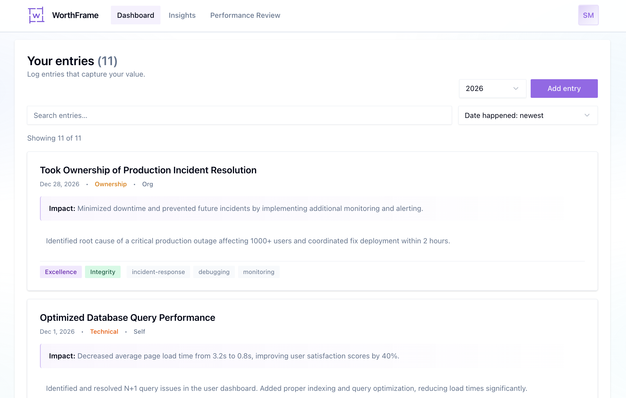 WorthFrame dashboard showing your tracked entries