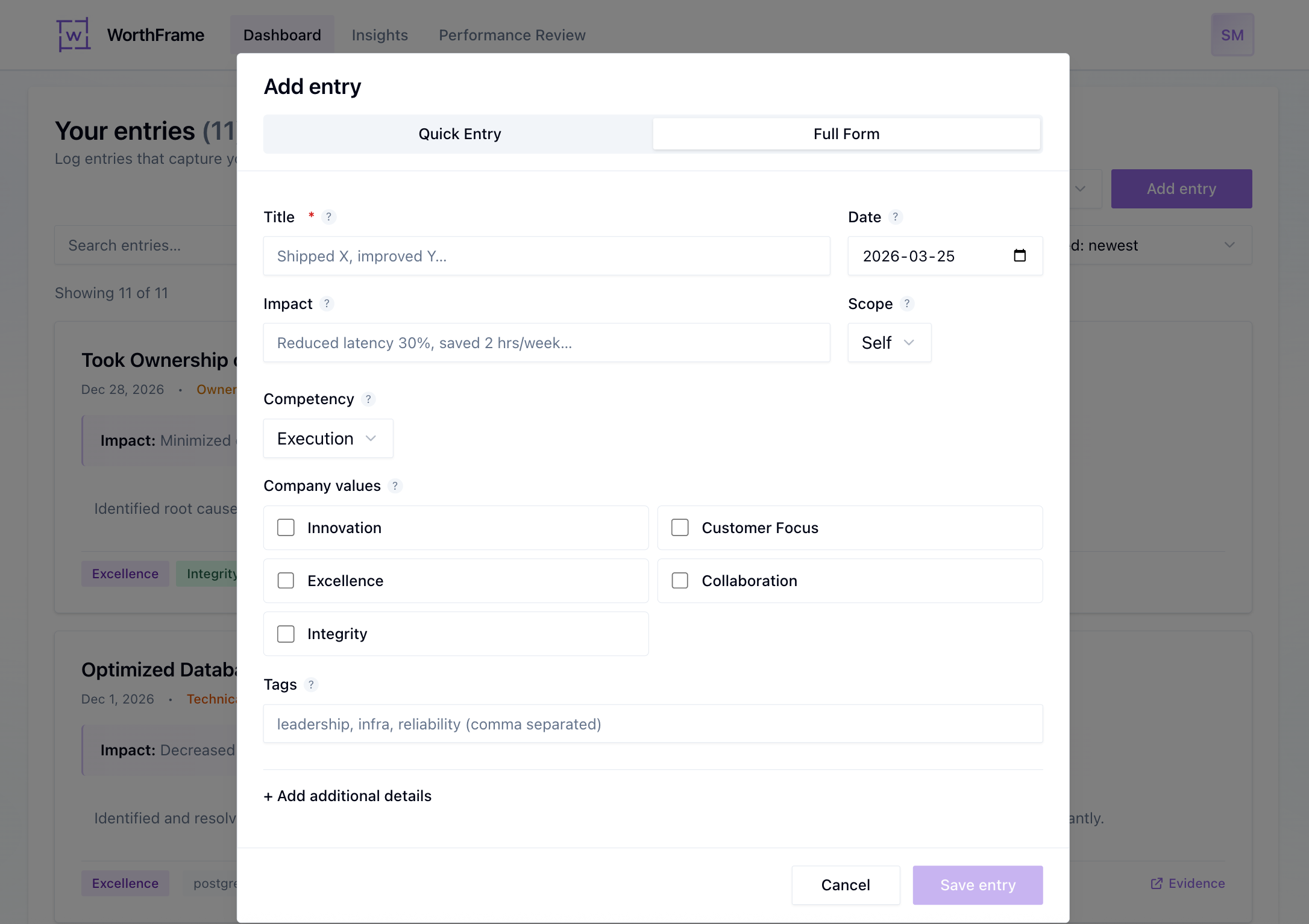 Creating a new entry in WorthFrame